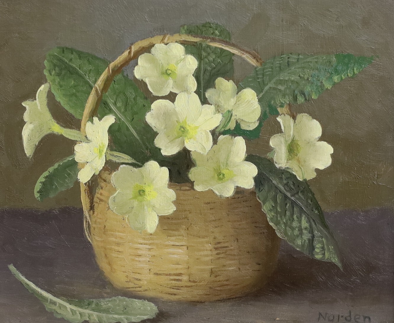 Gerald Norden (1912-2000), oil on board, Primroses in a basket, signed and dated '84, 14 x 16cm